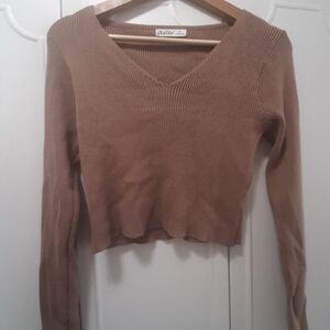 Cropped Brown V-Neck Sweater